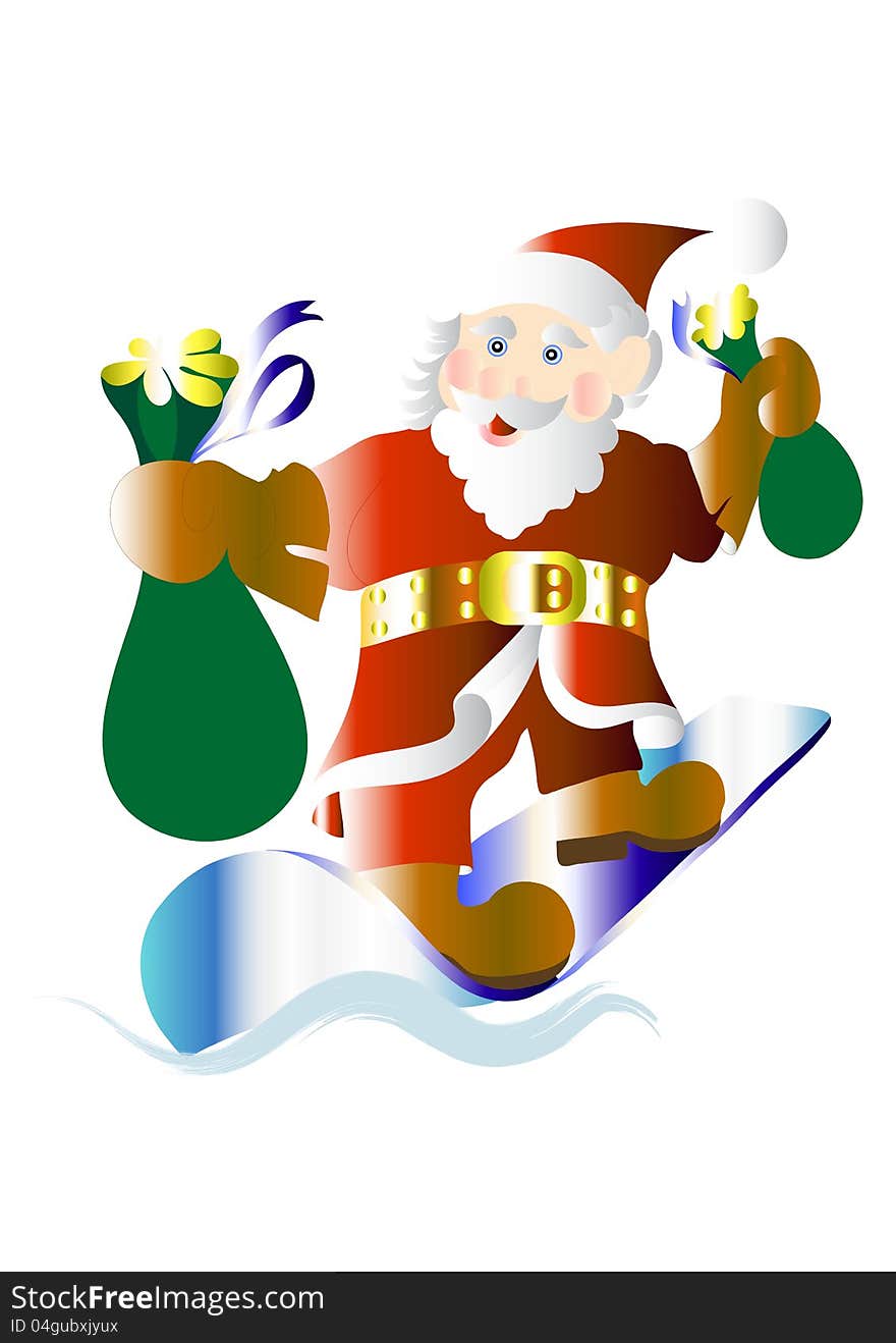 Happy and funny Santa on snowboard with presents. Christmas vectors. Happy and funny Santa on snowboard with presents. Christmas vectors