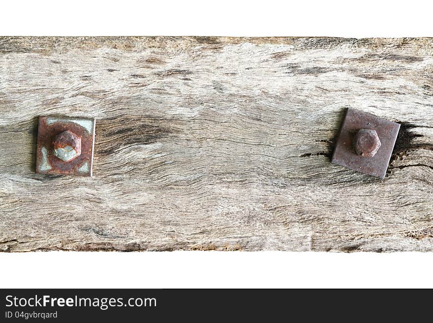 Old plank with rusty bolt isolated white background