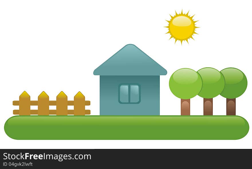 House, fence, trees is isolated on a white background. House, fence, trees is isolated on a white background