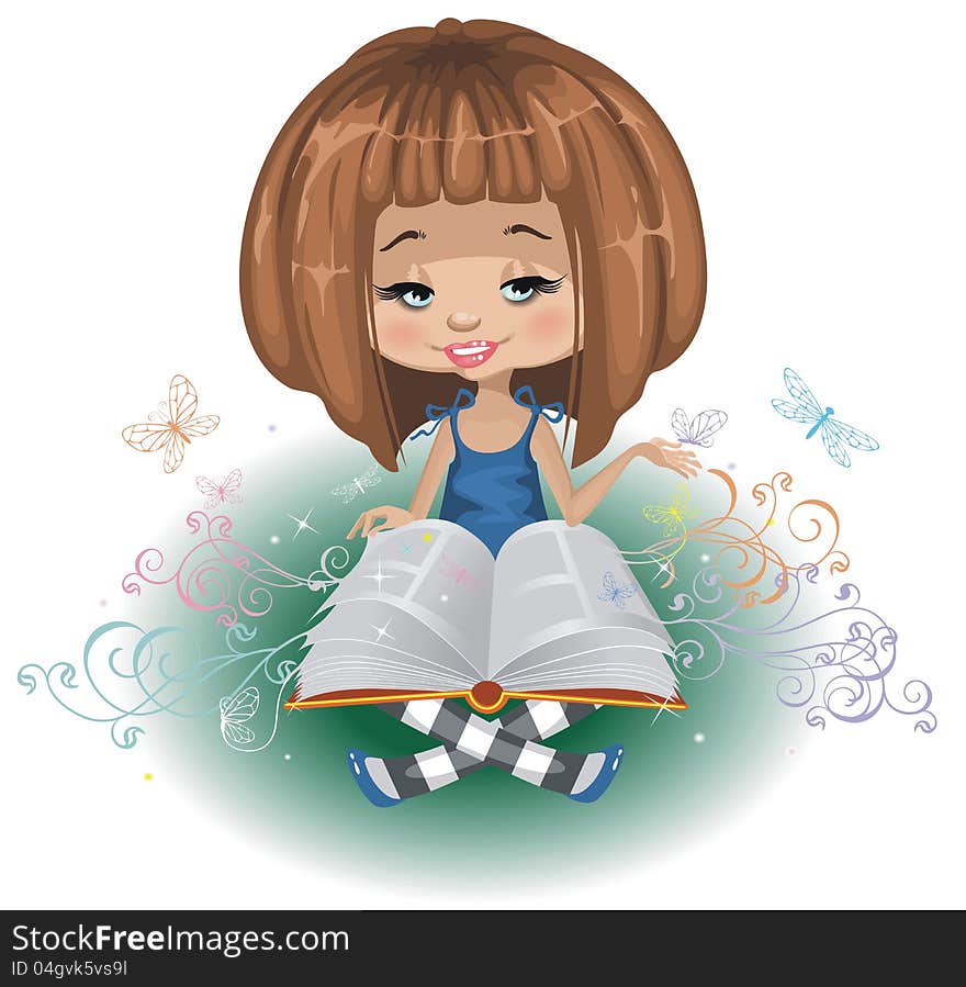 A girl with a book is isolated on a white background