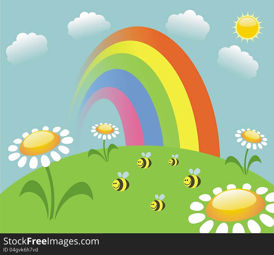 Summer meadow with rainbow and bees. Summer meadow with rainbow and bees