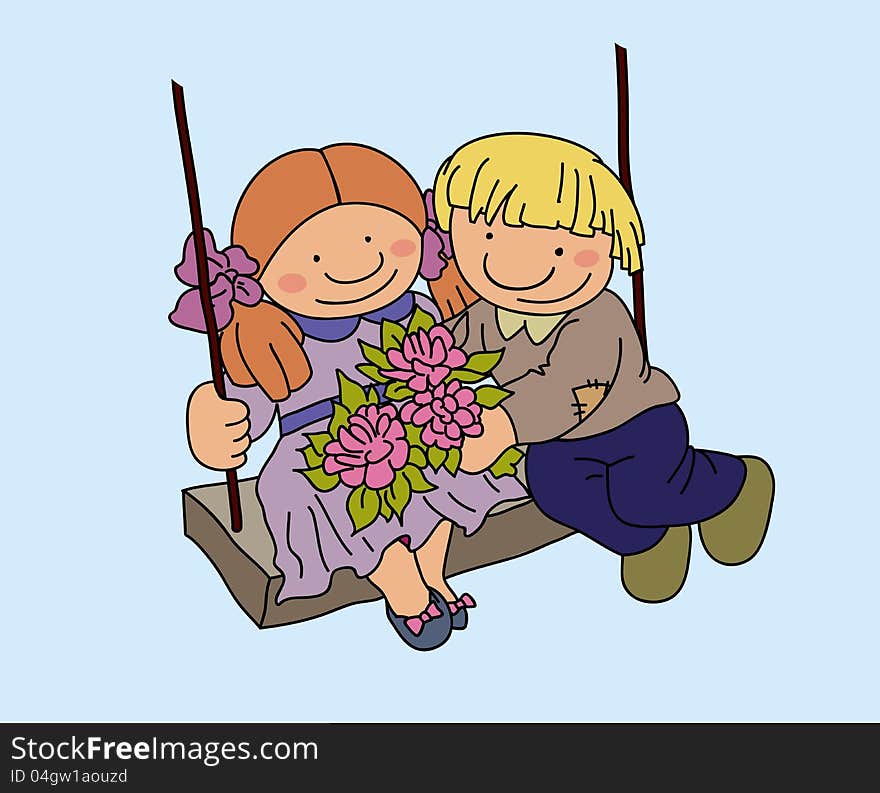 Boy and girl showing affection to each other and swinging on a swing