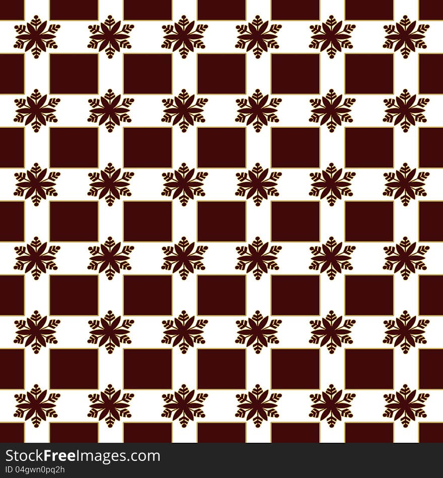 Snowflake with brown and gold, and brown blocks and white stripes, retro seamless repeating pattern,. Snowflake with brown and gold, and brown blocks and white stripes, retro seamless repeating pattern,