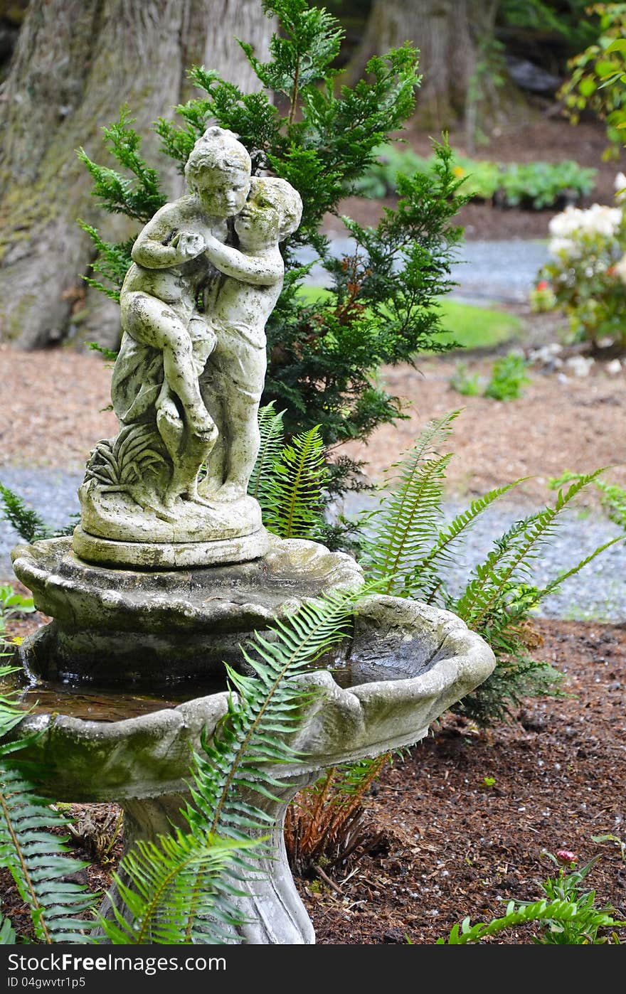 Old decorative stone birdbath in northwest garden. Old decorative stone birdbath in northwest garden