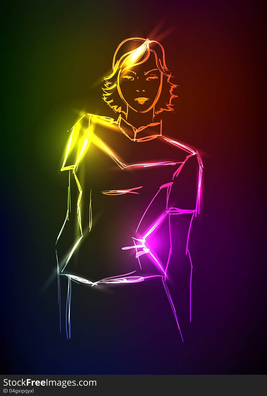 Hand-drawn fashion model from a neon. A light girl's. Hand-drawn fashion model from a neon. A light girl's