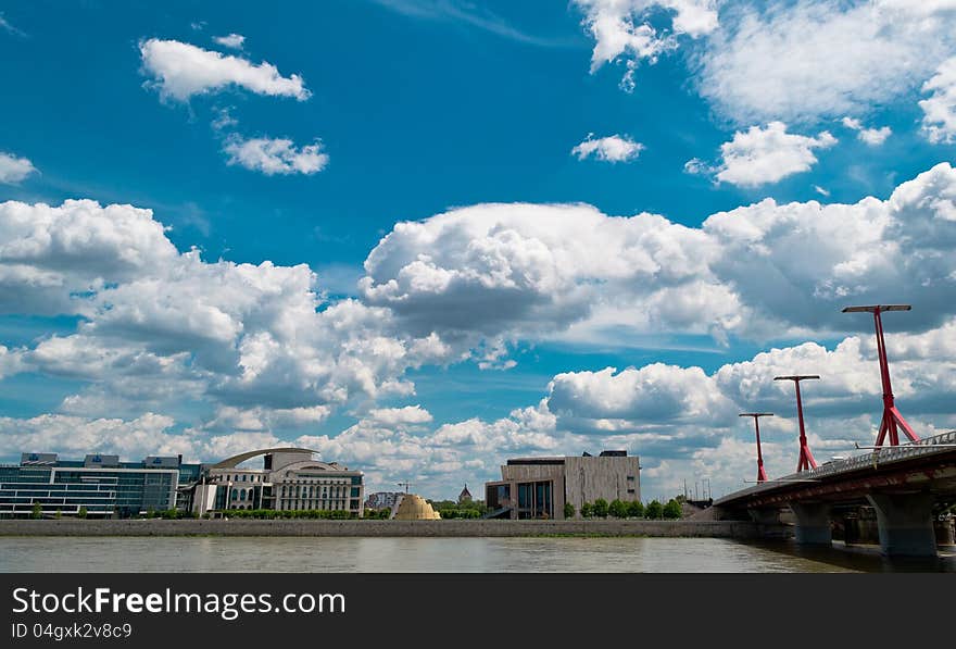 View of the Hungarian National Theatre, Museum of Modern Arts and the Rákóczi (or Lágymányosi) bridge in Budapest, Hungary. View of the Hungarian National Theatre, Museum of Modern Arts and the Rákóczi (or Lágymányosi) bridge in Budapest, Hungary