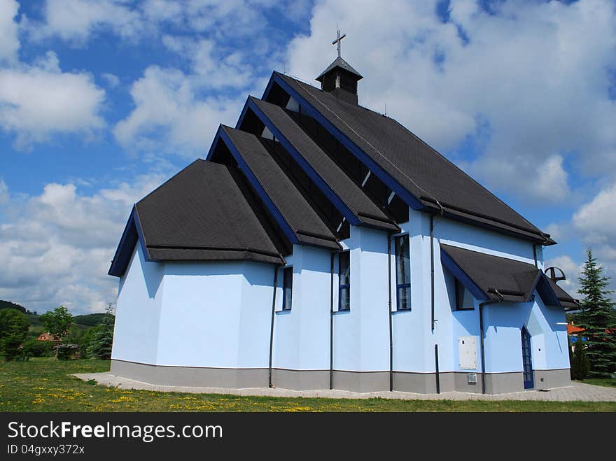 Blue Church against Blue Sky in Slovakia Europe