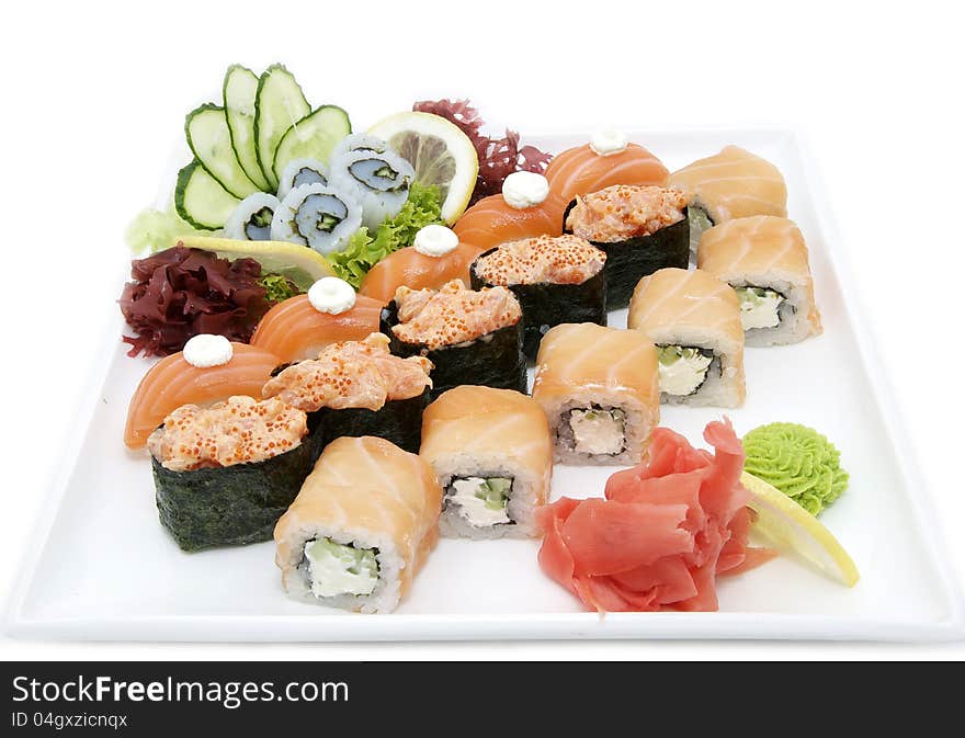 Sushi with salmon fish on a white background at a Japanese restaurant