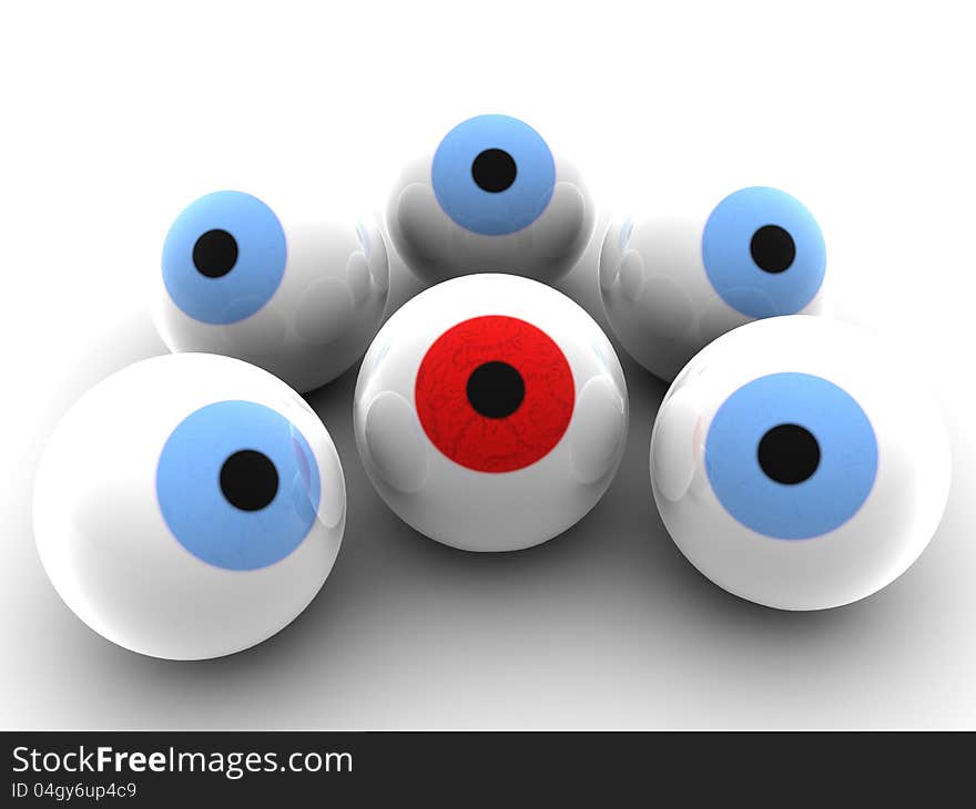 A red eyeball surrounded by blue eyeballs