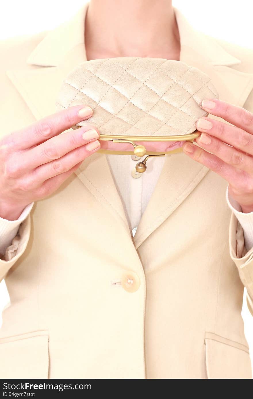 Image of a woman showing her empty wallet. Image of a woman showing her empty wallet