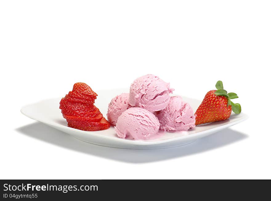 Strawberry ice cream on white plate