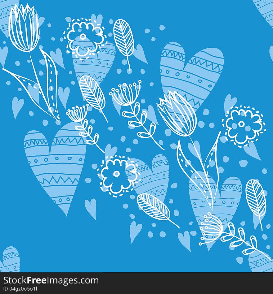 Vector seamless background with flowers and heart. Vector seamless background with flowers and heart