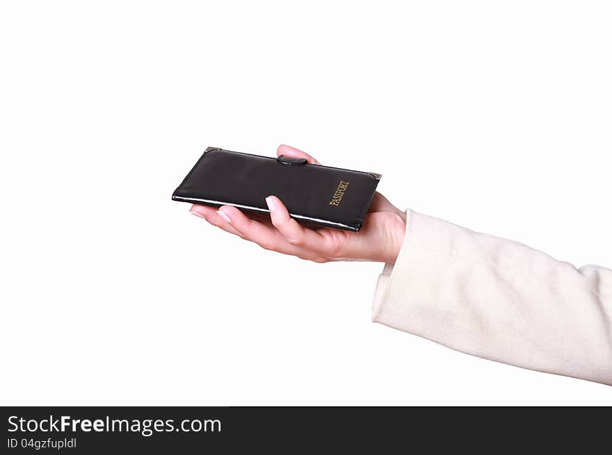 Image of hand holding a blank passport with white background