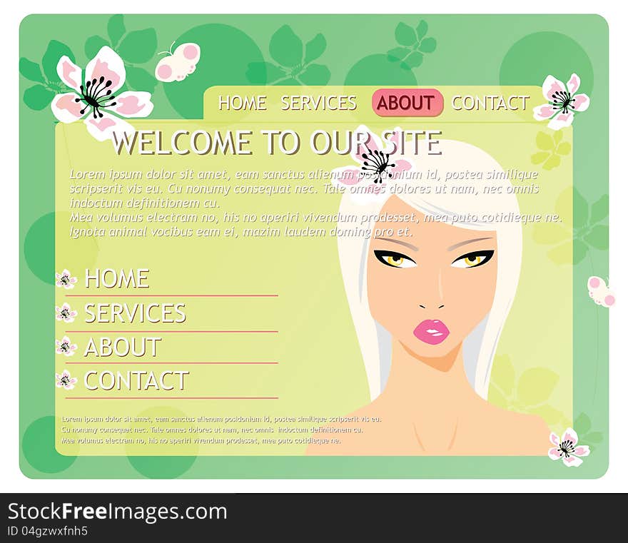 Beauty website template with beautiful girl and flowers, green