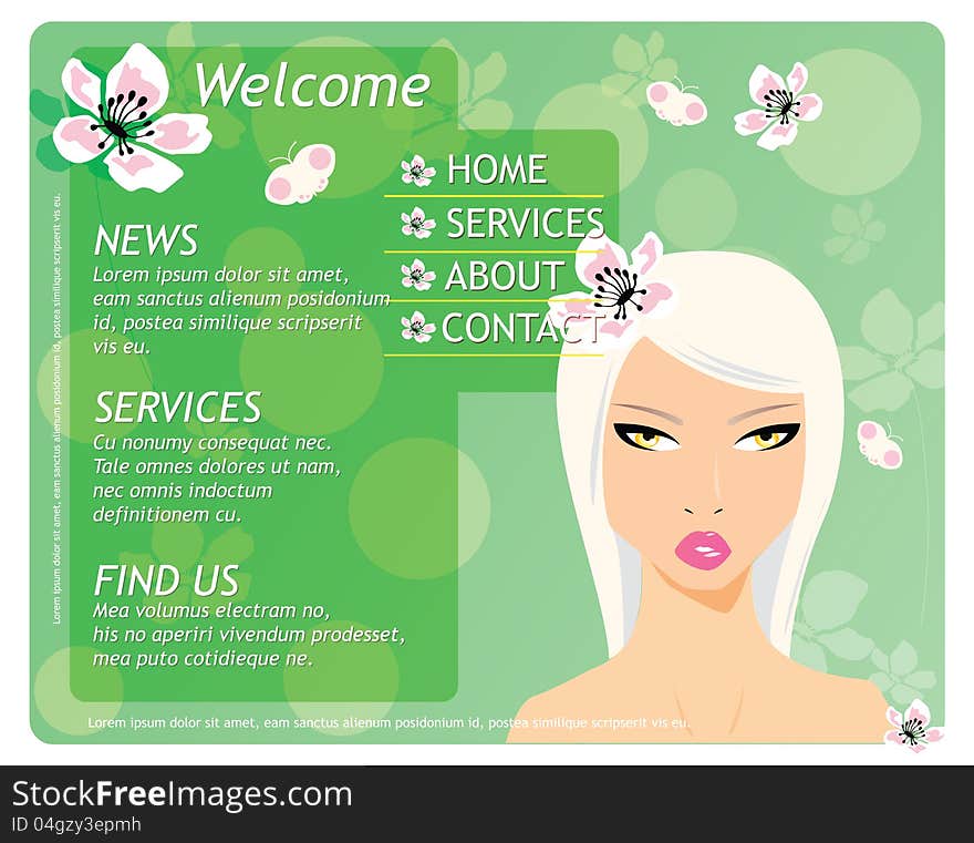 Beauty website template elements with beautiful girl and flowers, green. Beauty website template elements with beautiful girl and flowers, green