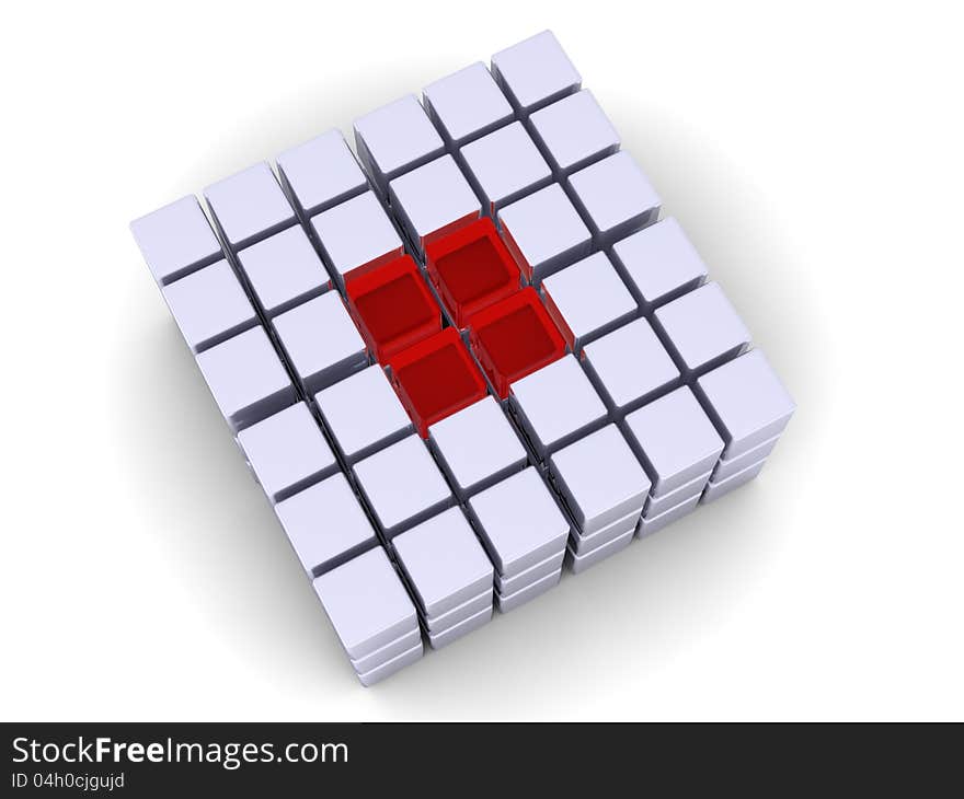 An array of cubes forming a square with red cubes in the center