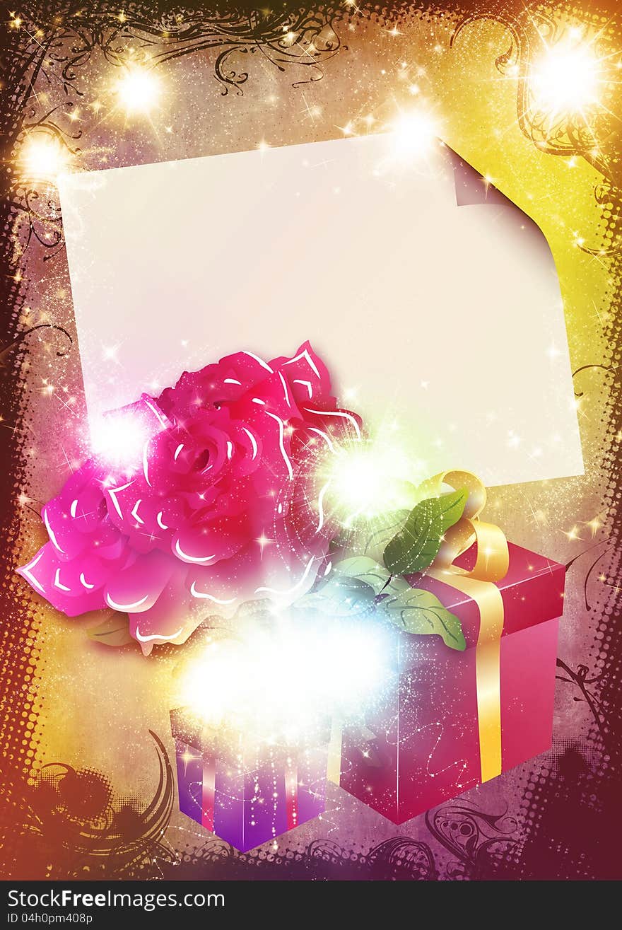 Illustration of celebration card with roses and gift boxes.