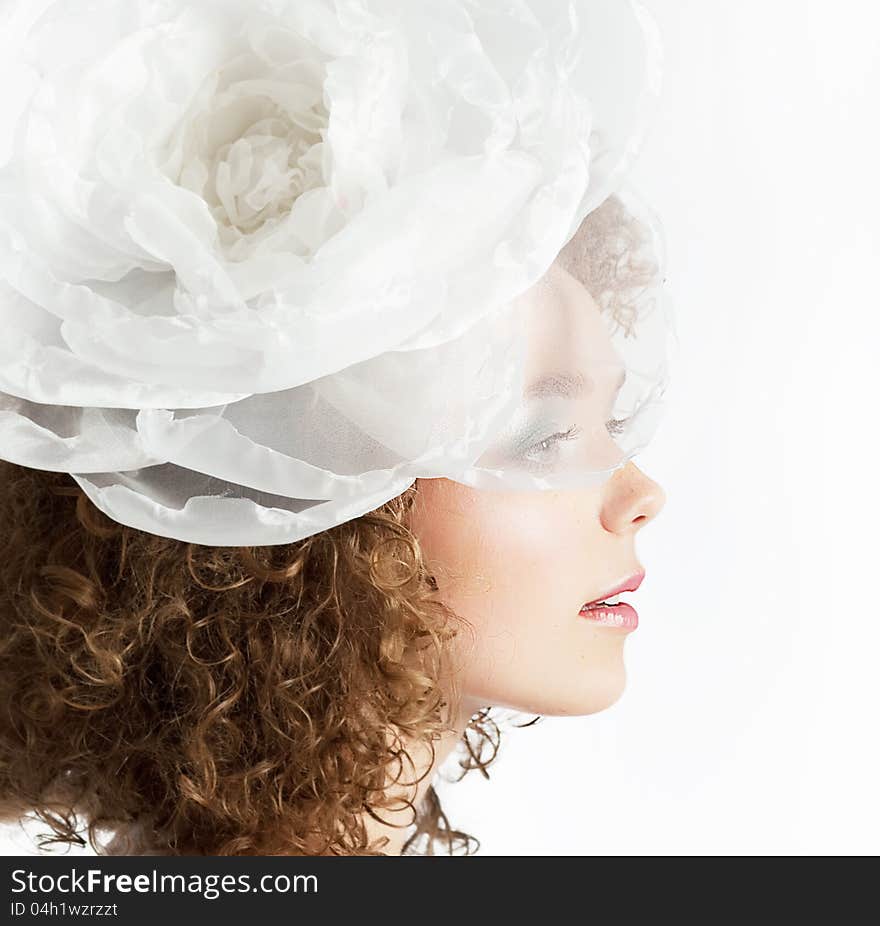 Happy Beautiful Girl With White Bow In Curly Hair