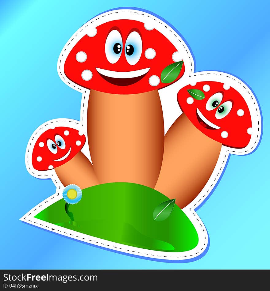 Three mushrooms on a glade in the form of a sticker. Three mushrooms on a glade in the form of a sticker