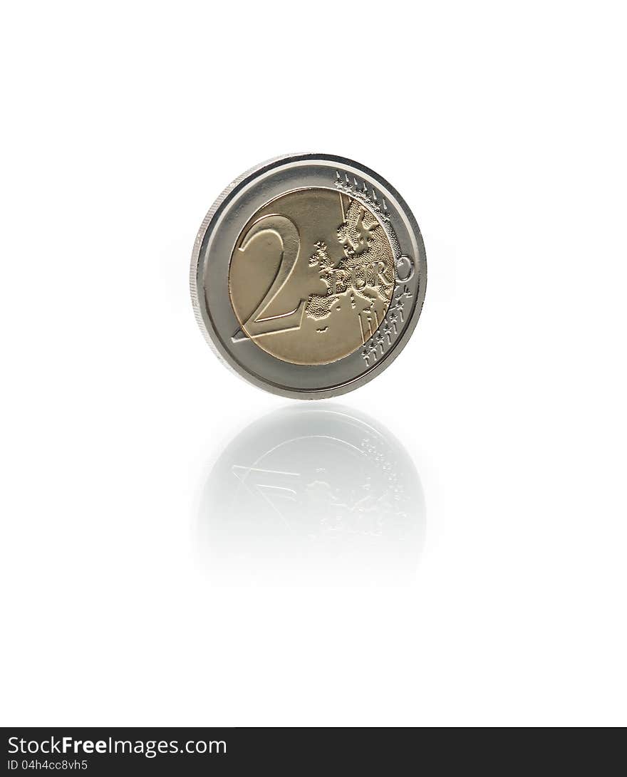 Closeup of two euro coin on white background. Clipping path is included