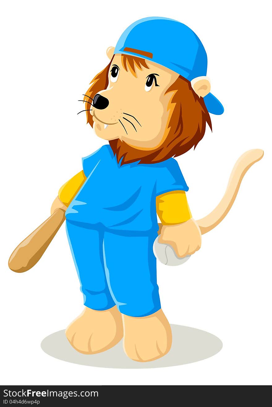 Cartoon illustration of a lion in baseball uniform. Cartoon illustration of a lion in baseball uniform