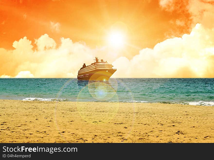 A cruise ship near the coast during sunset. A cruise ship near the coast during sunset