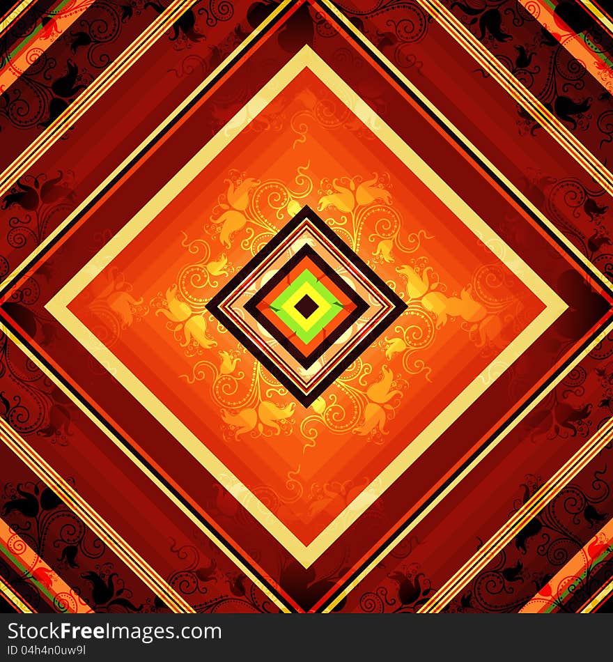 Seamless vivid orange-brown and yellow-green rhombic pattern with floral ornament (vector EPS 10). Seamless vivid orange-brown and yellow-green rhombic pattern with floral ornament (vector EPS 10)