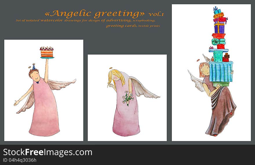 Hand painted isolated pictures of greeting angels. Hand painted isolated pictures of greeting angels