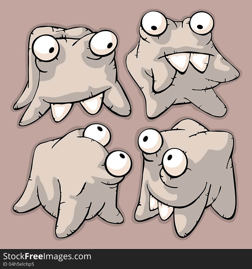 Four funny cute teeth with big eyes in different positions