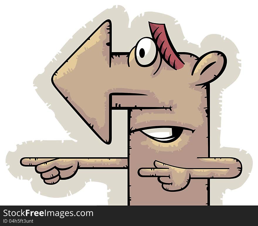 Funny arrow-nosed character showing direction with his nose and both hands. Funny arrow-nosed character showing direction with his nose and both hands