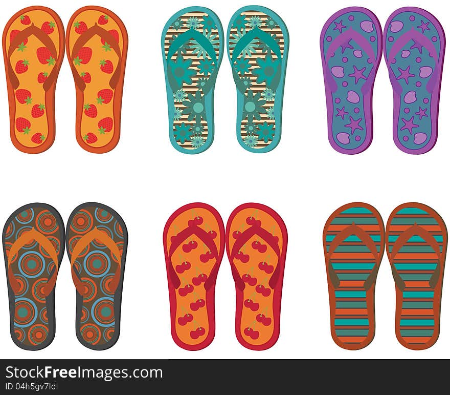 Six pairs of colorful  flip flops on the white background. Six pairs of colorful  flip flops on the white background.