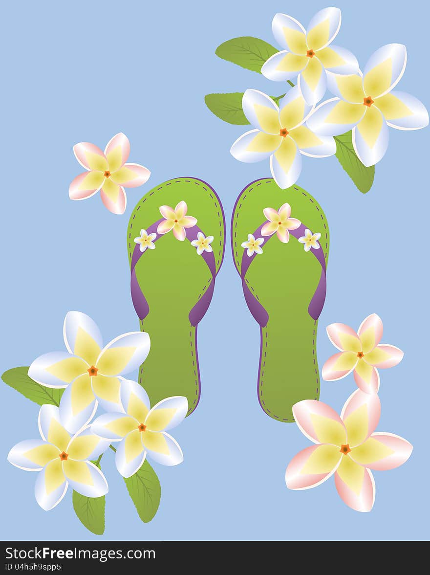 Flip flops with plumeria flowers.