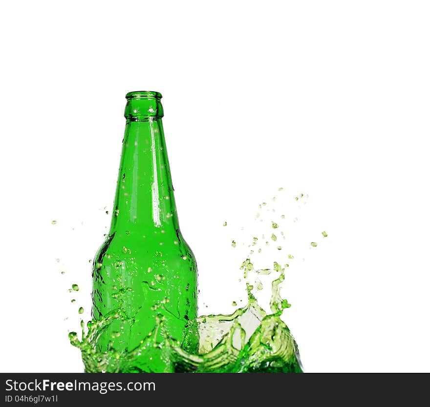 Green Bottle On Water Splash