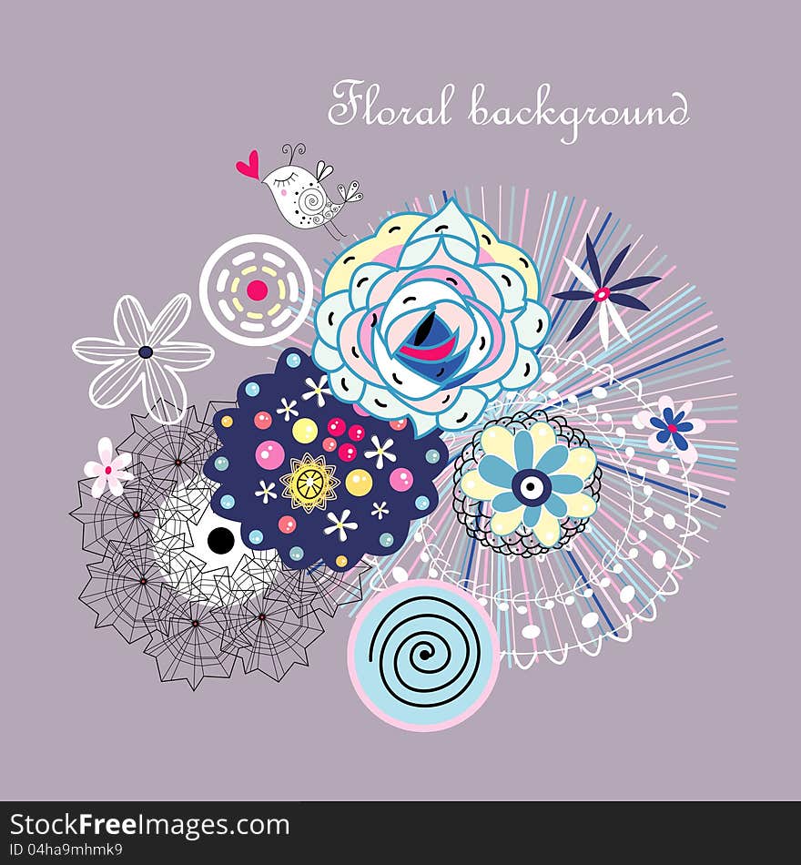 Bright graphic background with flowers and bird. Bright graphic background with flowers and bird