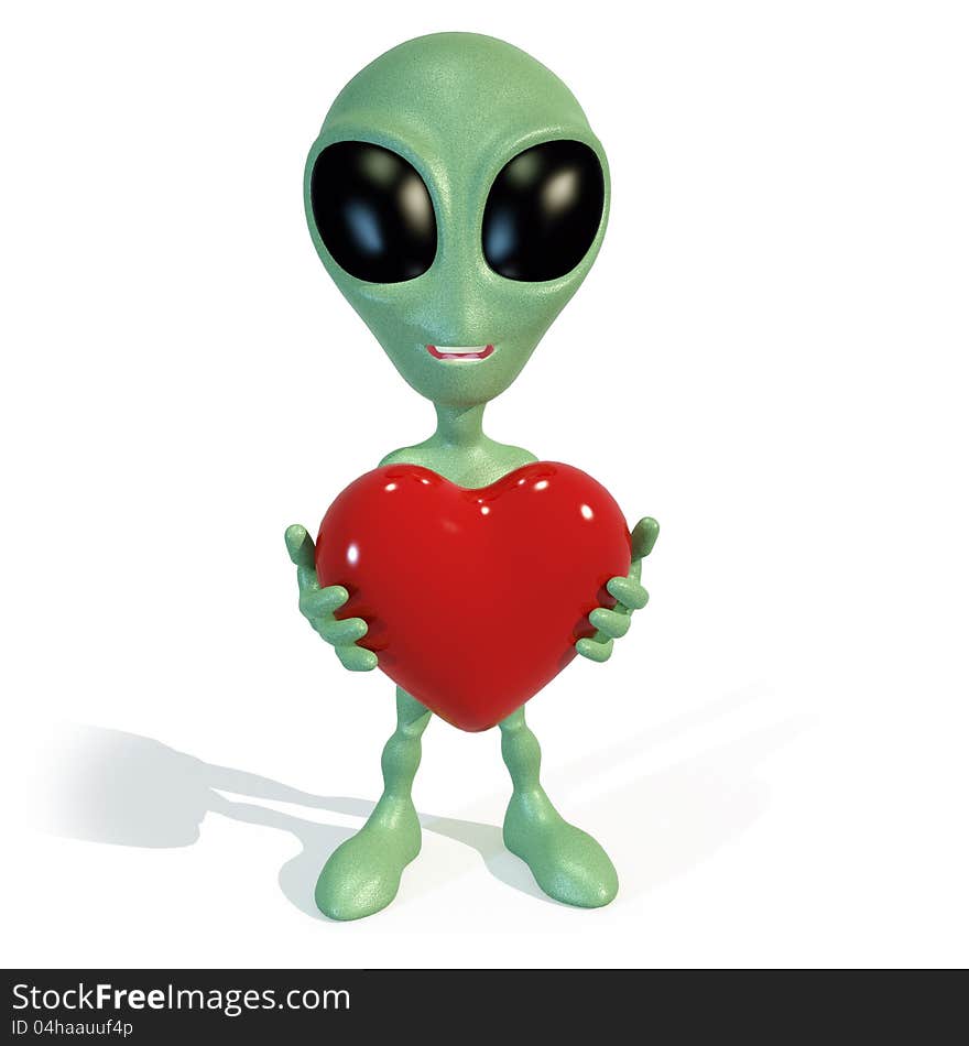 Little Green Alien Holding A Red Heart