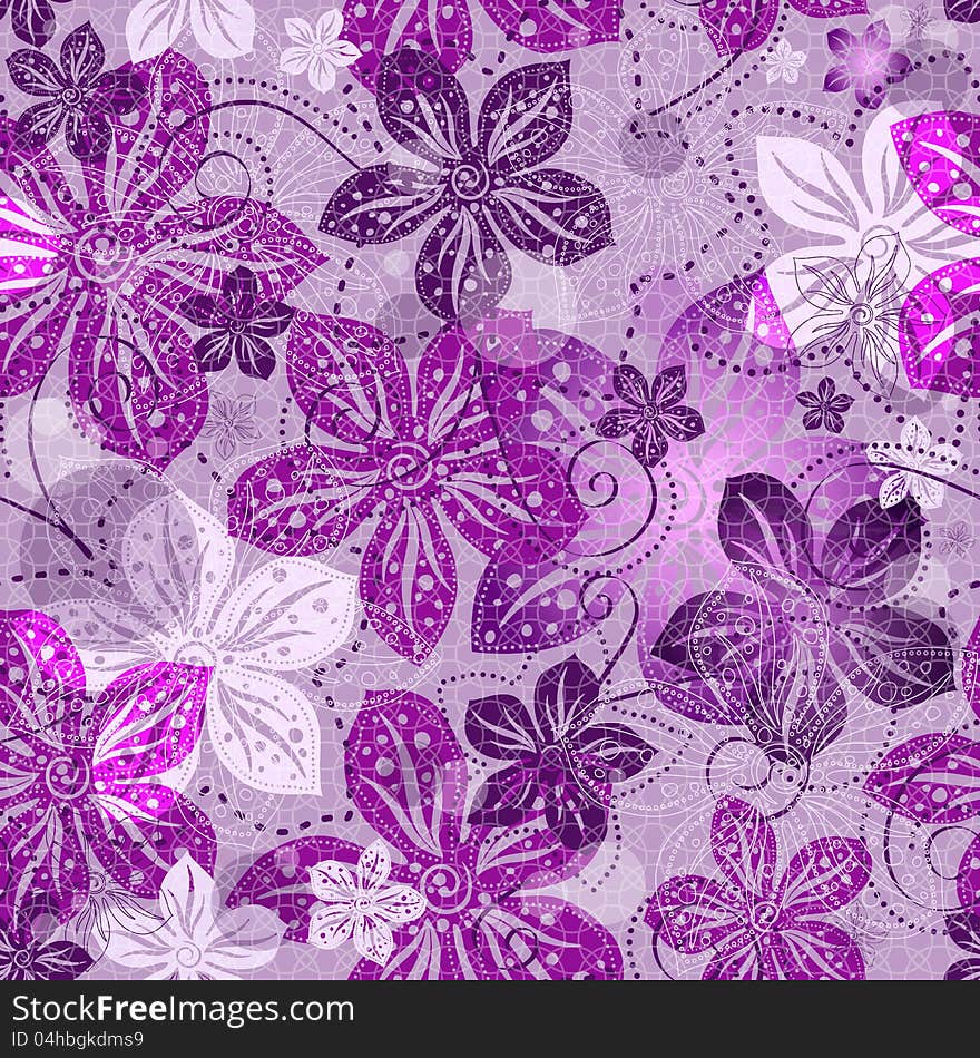 Seamless floral gray pattern with violet vintage flowers (vector EPS 10)