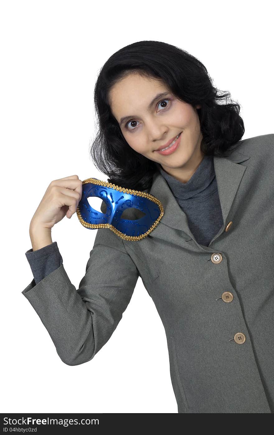 Mixed race business woman hold mask isolated over white background