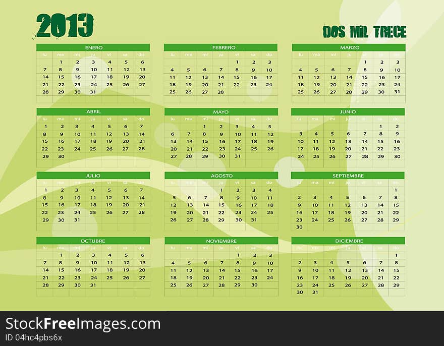 New calendar 2013 in green and Spanish. New calendar 2013 in green and Spanish