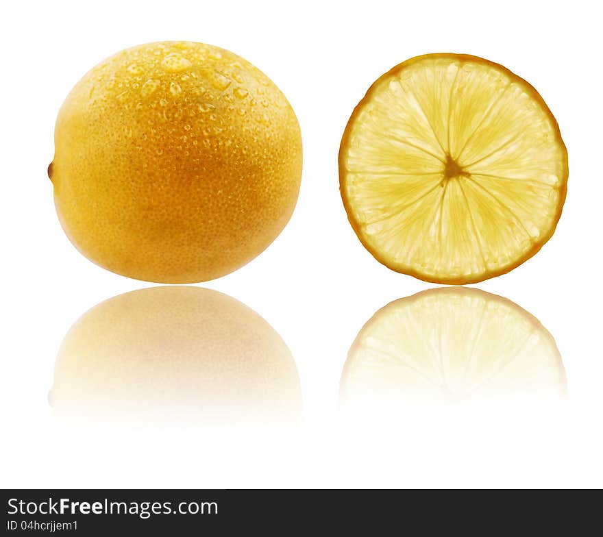 Fresh fully ripe lime in vibrant yellow color & circular shape with water droplets on its peel & table reflection. A sliced lime showing juicy fruit inside. Both photos are with clipping path