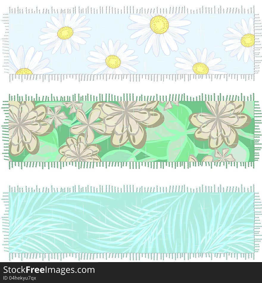 Three horizontal banners made of old chintz with floral print. Three horizontal banners made of old chintz with floral print