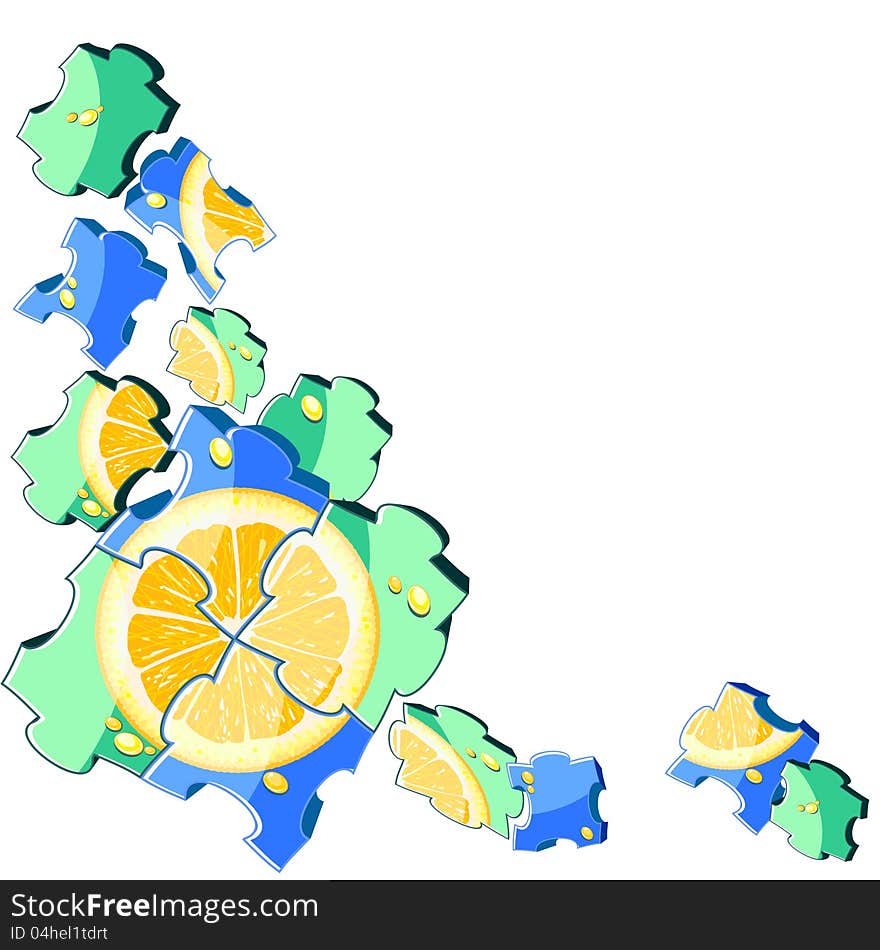 Slice of orange or lemon placed on part of jigsaw puzzle. Slice of orange or lemon placed on part of jigsaw puzzle