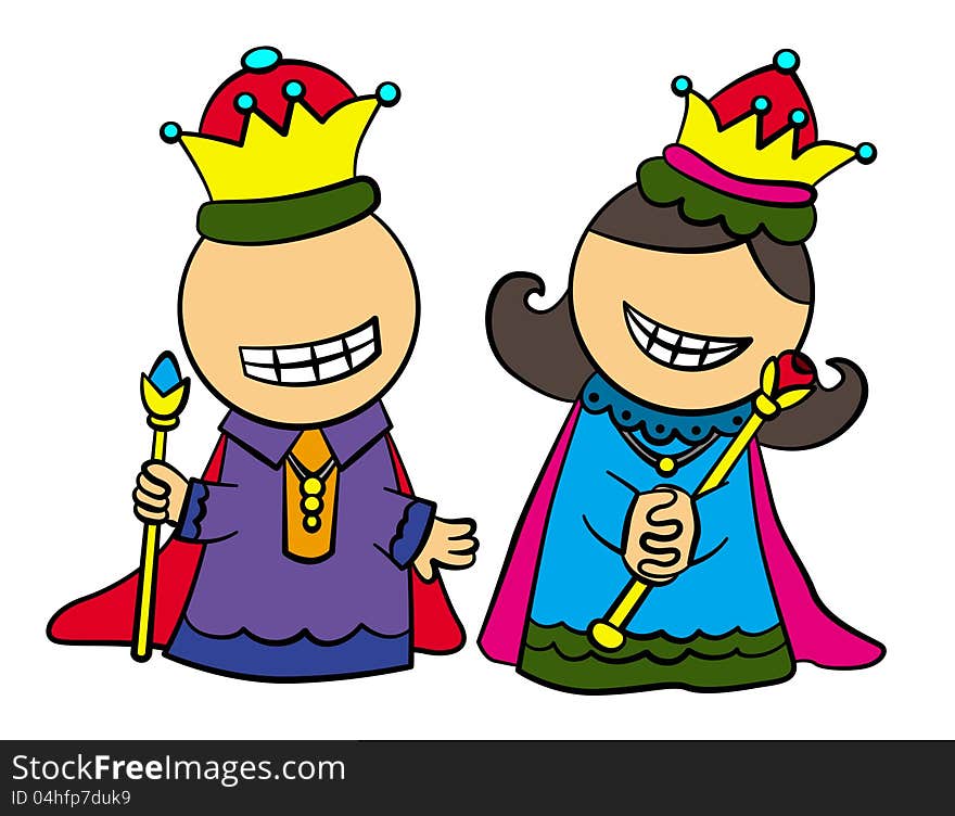 A humorous illustration of a couple dressed like prince and princess. A humorous illustration of a couple dressed like prince and princess