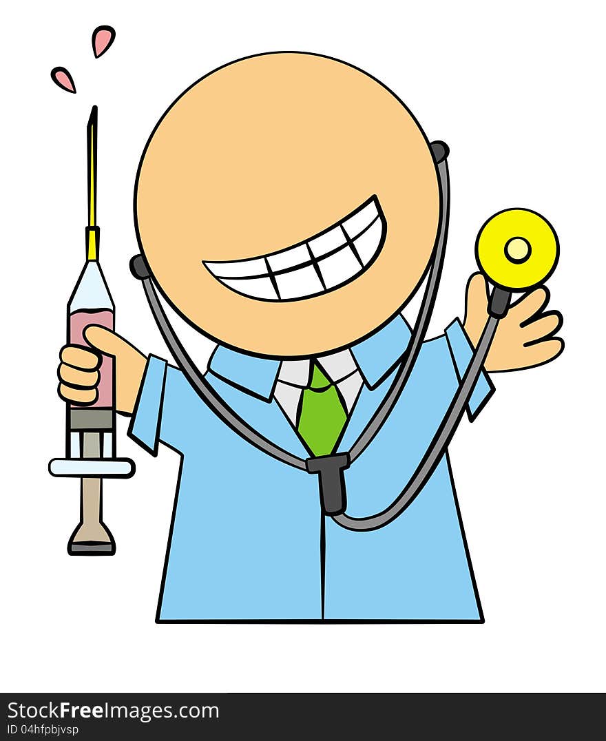 A funny looking doctor illustration with stethoscope and syringe. A funny looking doctor illustration with stethoscope and syringe