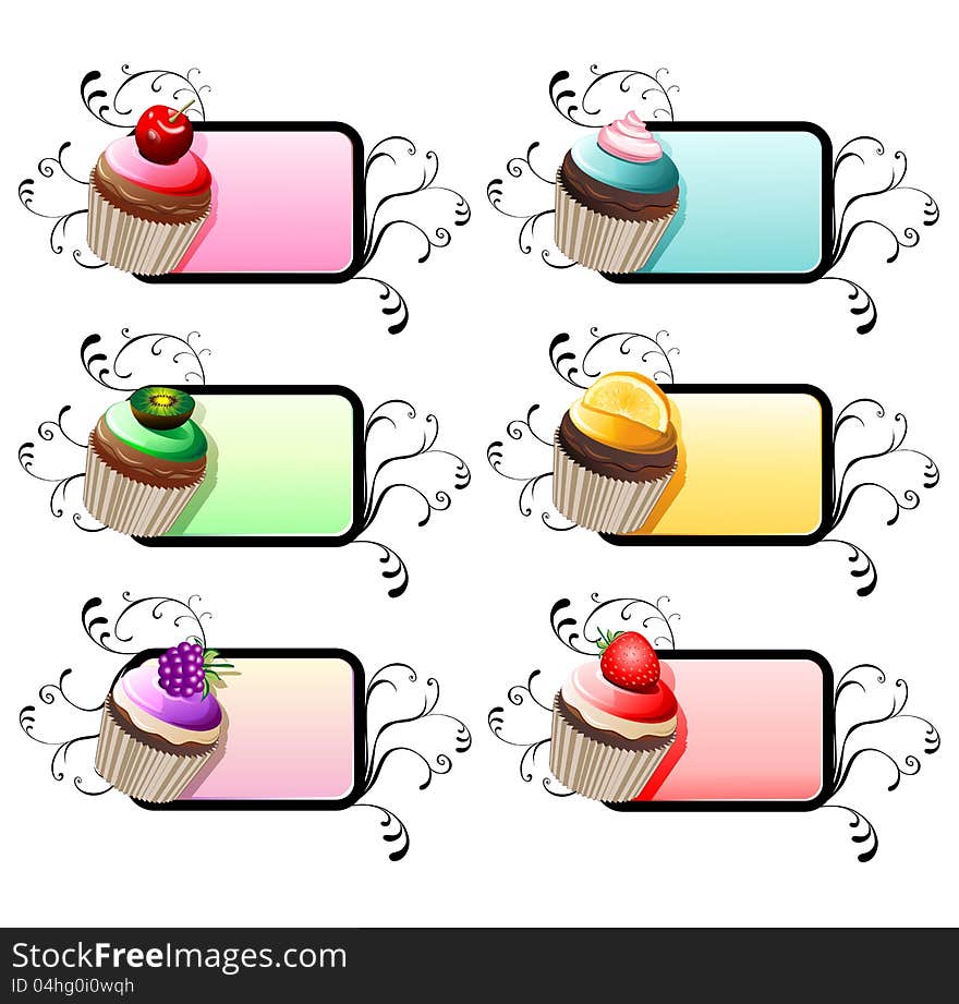 Set of 6 Ornamental Color Labels with Delicious Cupcakes. Set of 6 Ornamental Color Labels with Delicious Cupcakes