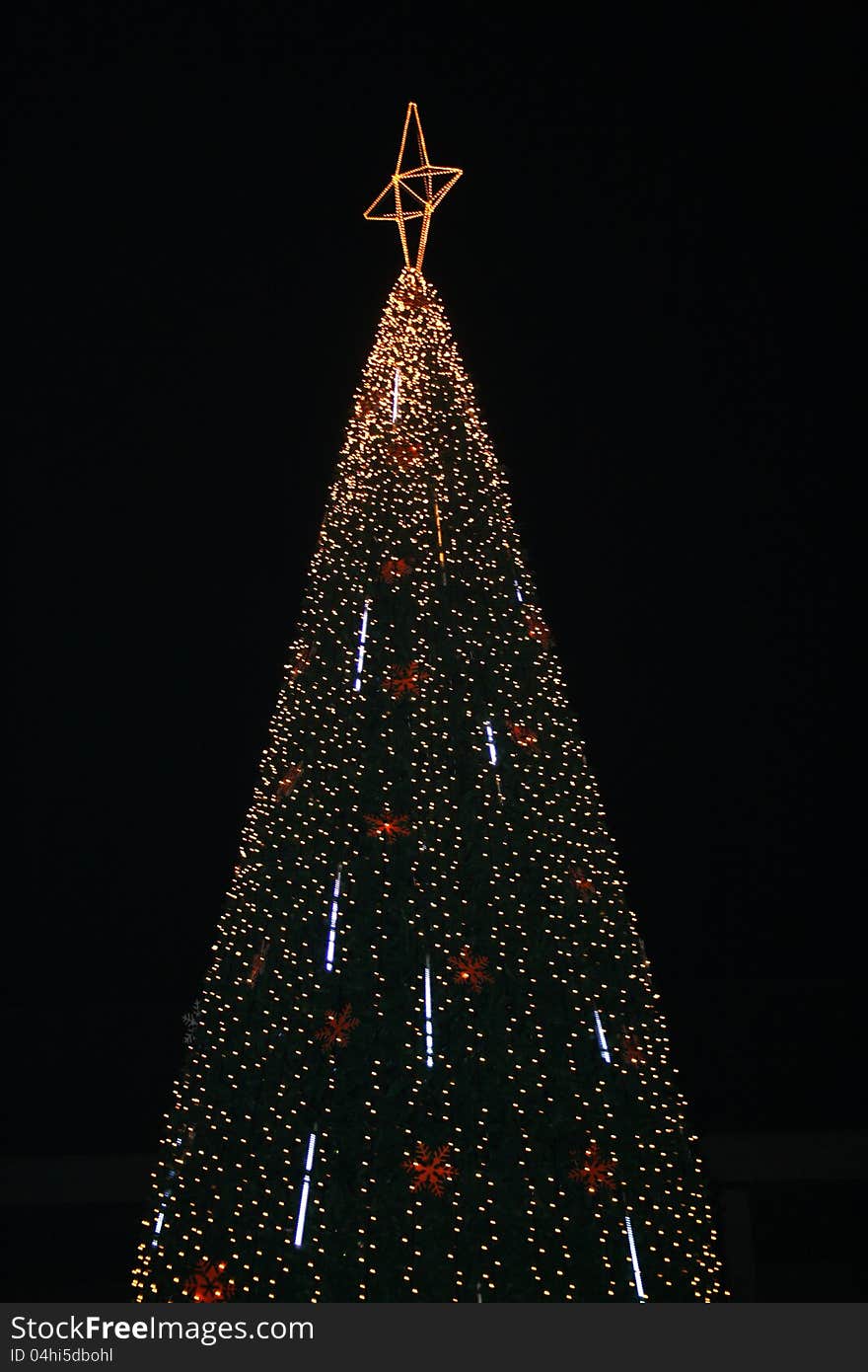 Christmas tree on black background with starburst lighting effect