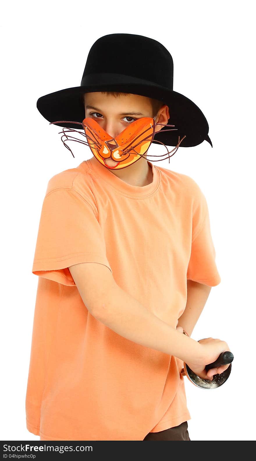 A young boy with cat-mask,hat, boots and rapier ready to use isolated on a white background