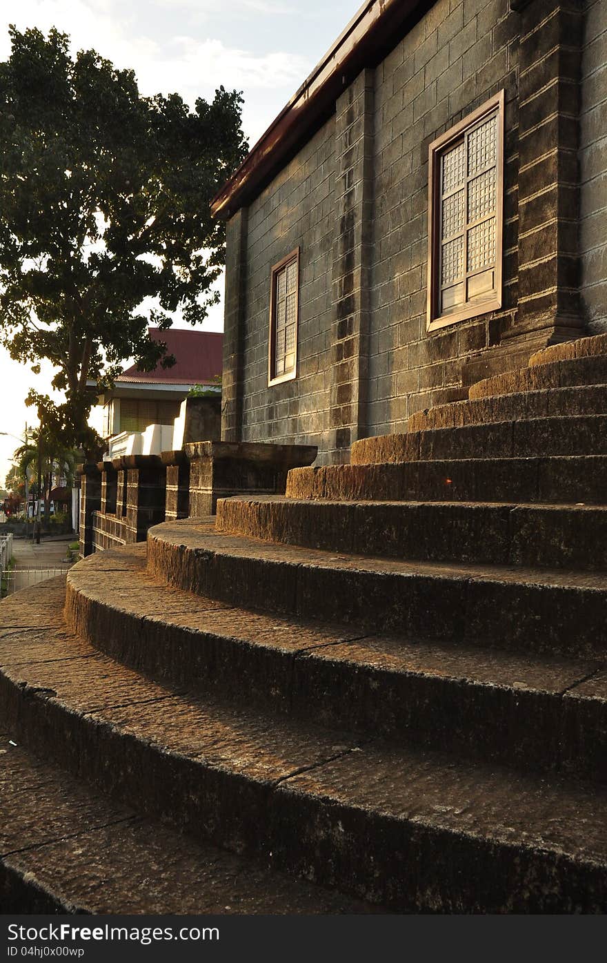 Stairs lit by sunset light