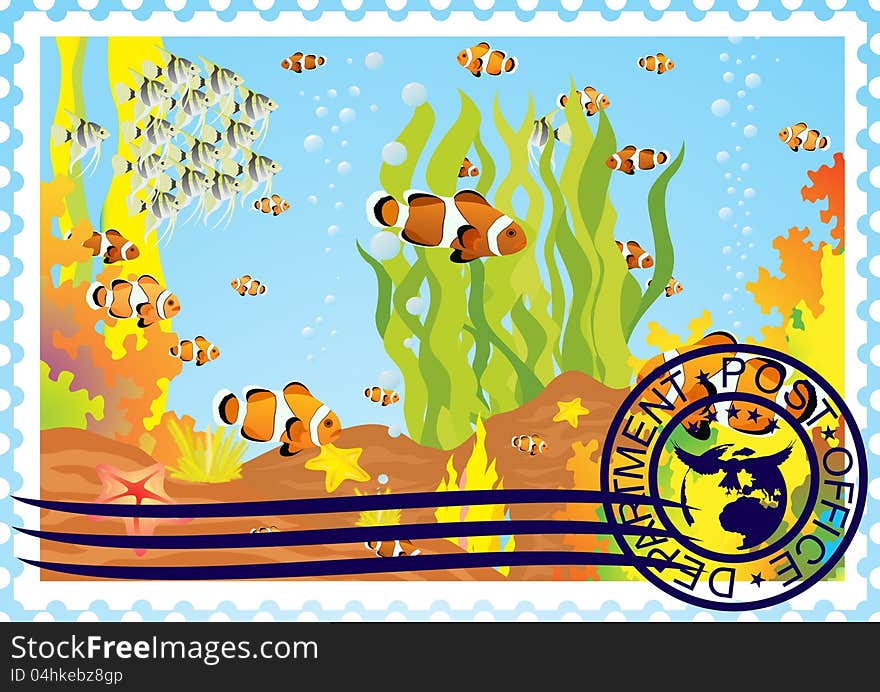 Postage stamp with the underwater world