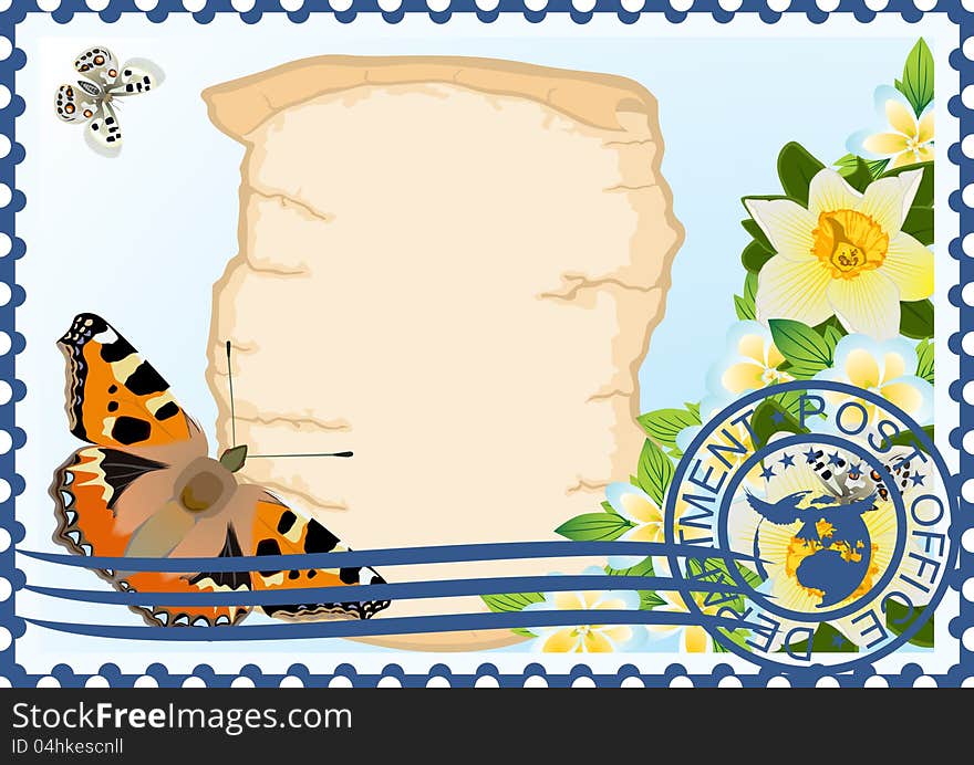 Postage Stamp. Paper, Butterflies And Flowers