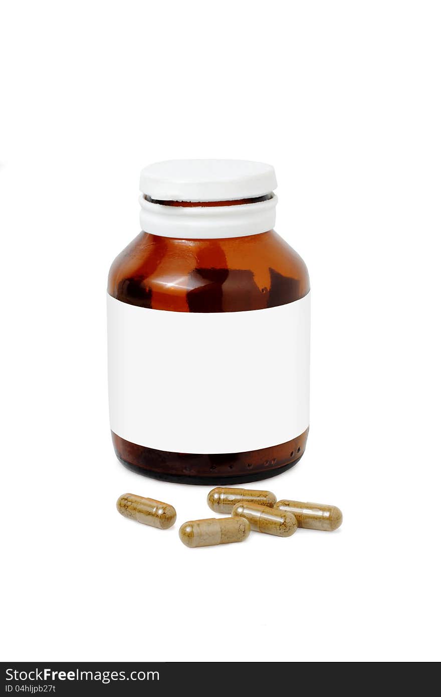 Pills and bottle on white background